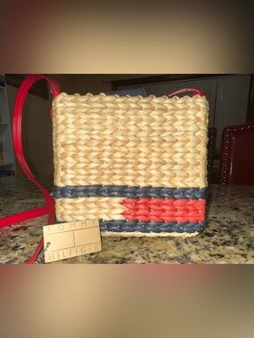 Tommy Hilfiger Woven Straw Crossbody in Natural with Red & Navy Trim